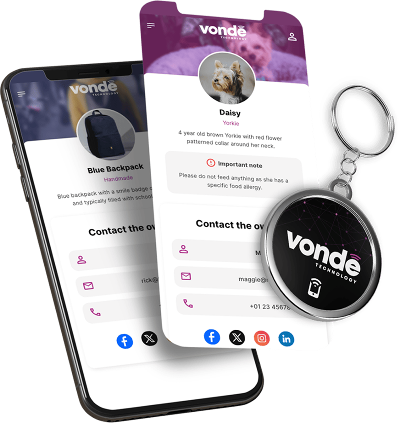 Vonde Lost & Found tulajdonosi profilok és NFC kulcstartó