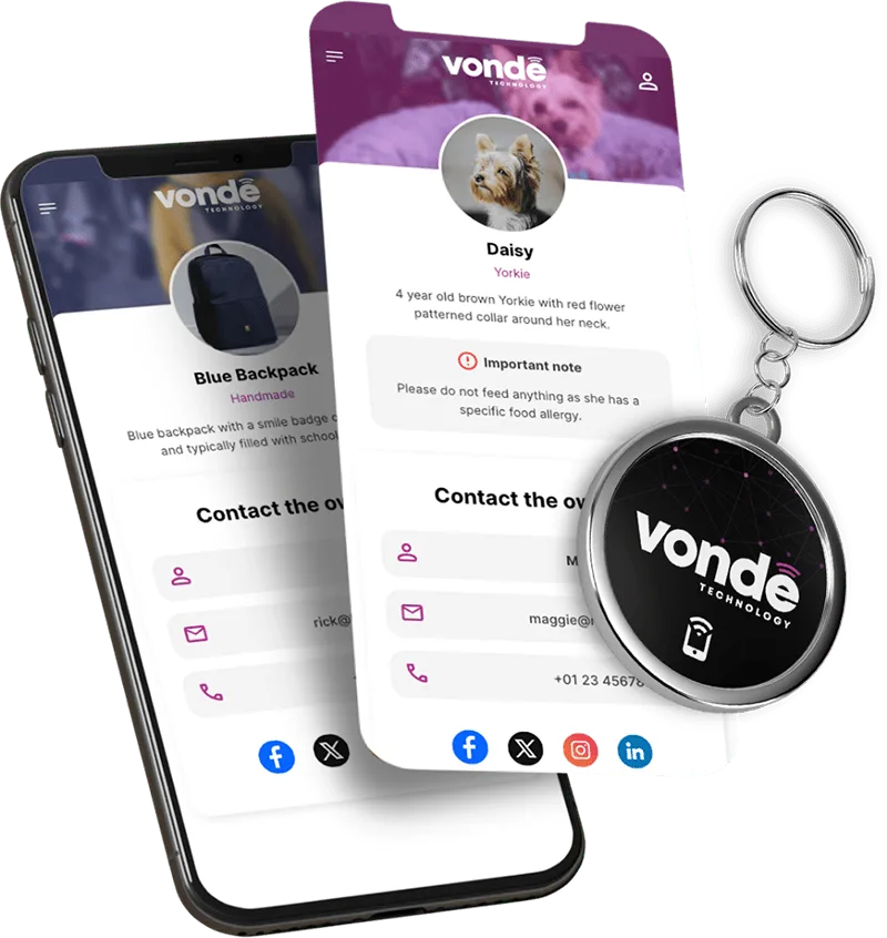 Vonde Lost & Found tulajdonosi profilok és NFC kulcstartó