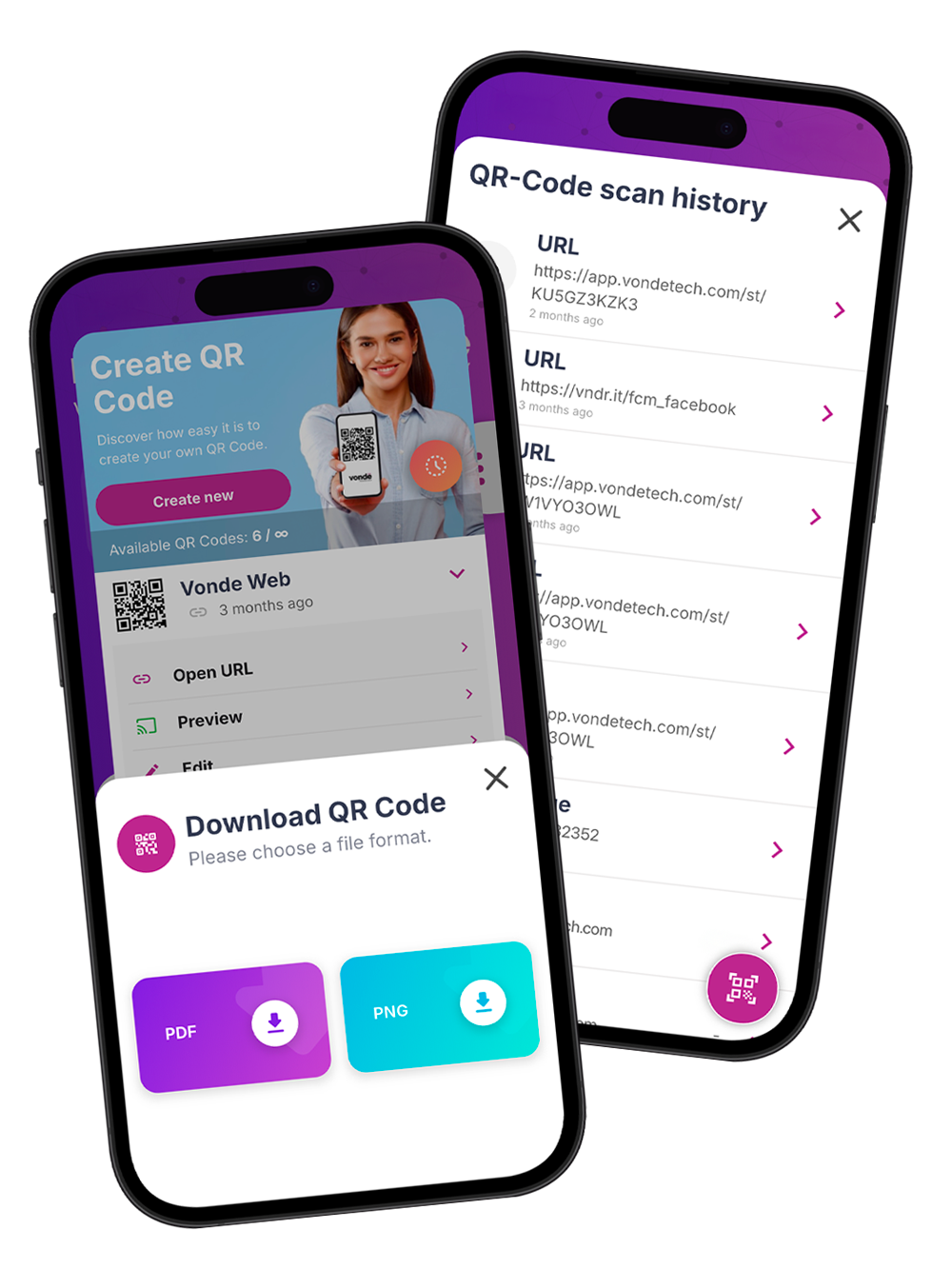 Vonde QR Manager QR-kód előzmények és export vizuál