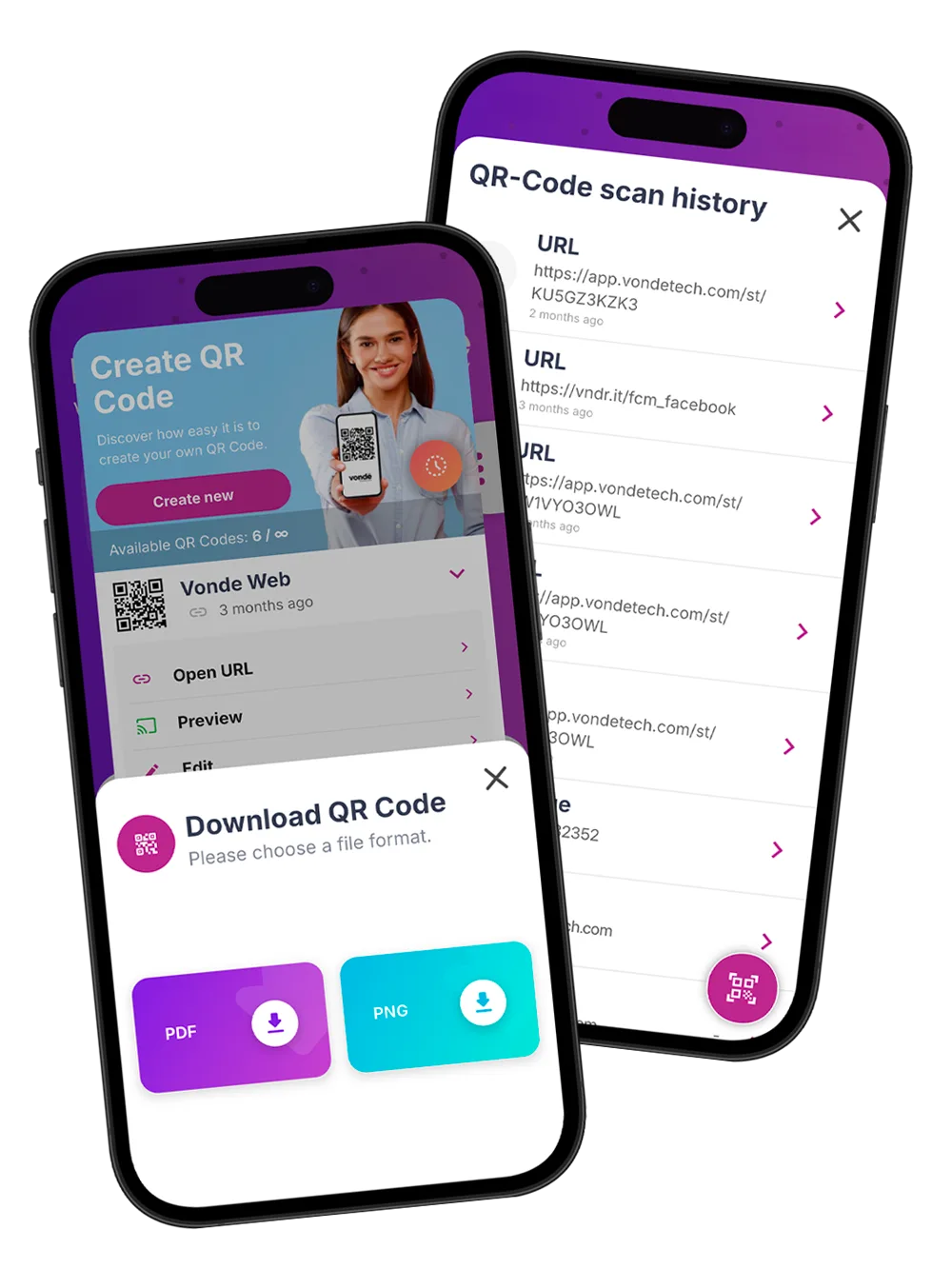 Histórico de códigos QR e visual de exportação do Vonde QR Manager